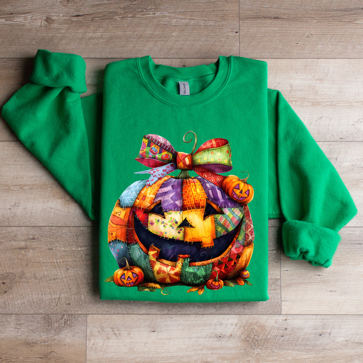 Patchwork Pumpkin Halloween Sweatshirt | Cute Jack-o’-Lantern Fall Pullover | Cozy Pumpkin Bow Sweater | Colorful Halloween Crewneck