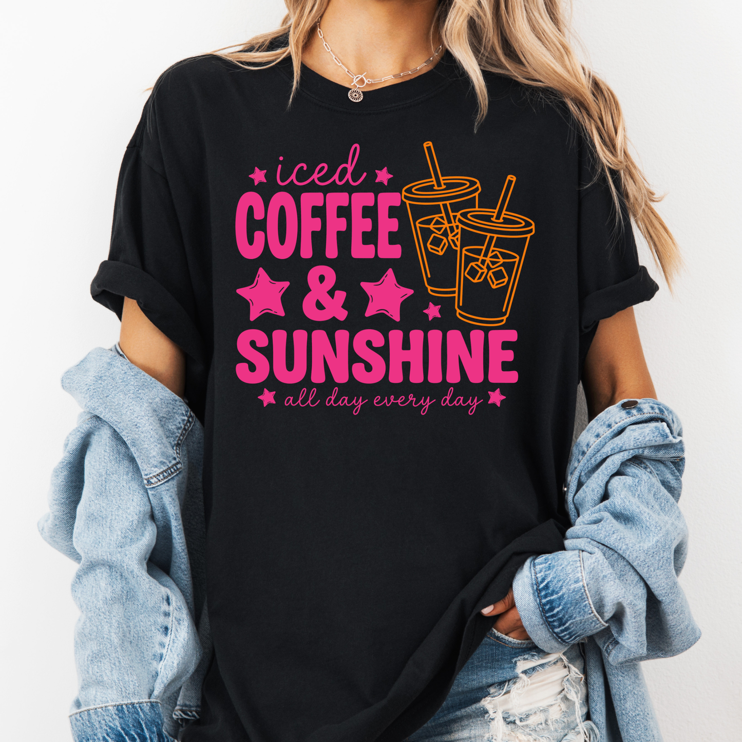 Iced Coffee & Sunshine Shirt, Summer Coffee Lover Tee, Cute Iced Coffee Graphic Tee, Pink Aesthetic Shirt, Coffee Lover Gift, Trendy Summer T-Shirt