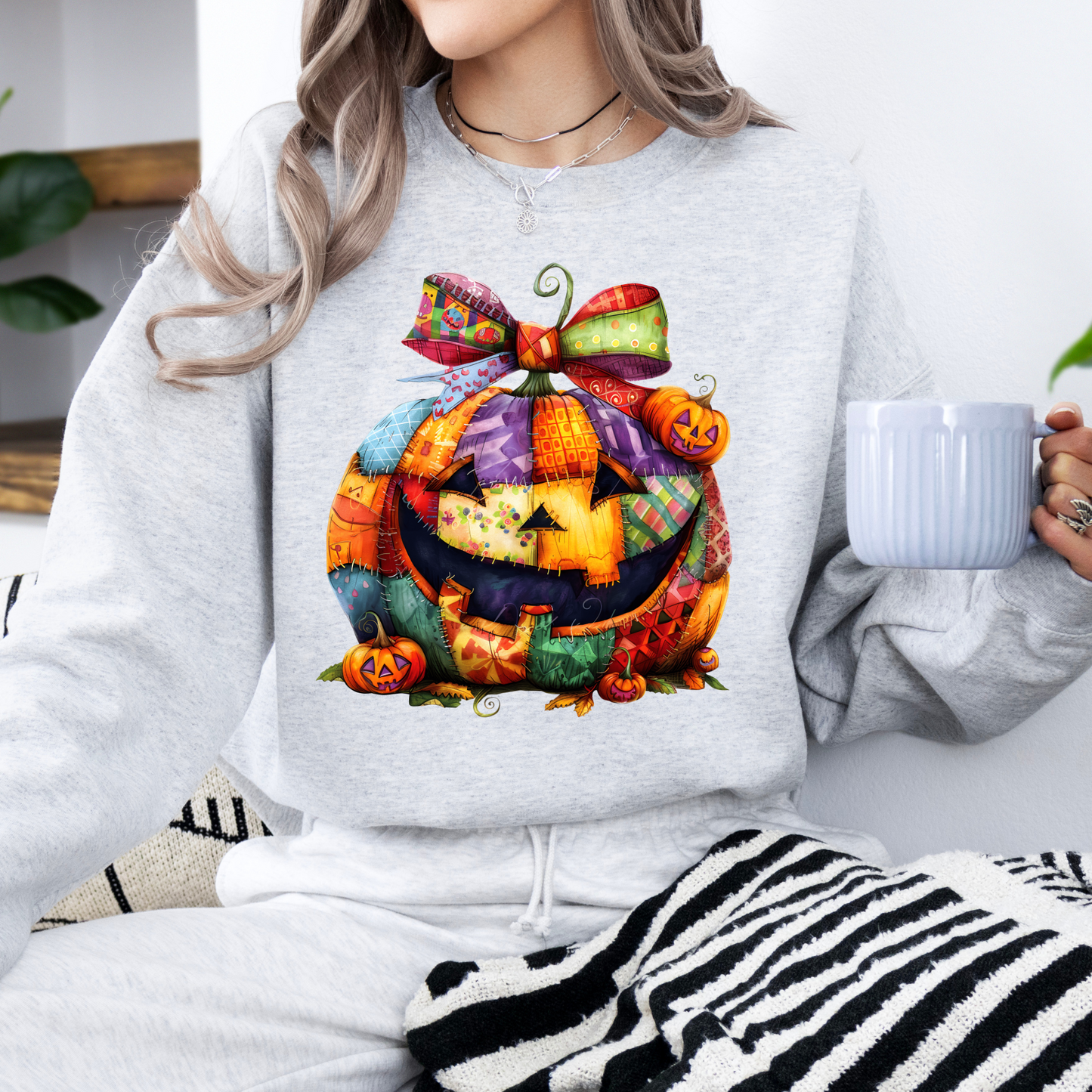 Patchwork Pumpkin Halloween Sweatshirt | Cute Jack-o’-Lantern Fall Pullover | Cozy Pumpkin Bow Sweater | Colorful Halloween Crewneck