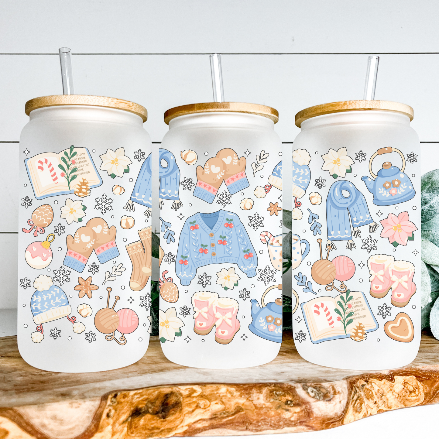 Blue Christmas Sweater Frosted Mug – Winter Holiday Frosted Glass Cup, Cozy Christmas Mug, Festive Gift for Hot Cocoa & Coffee