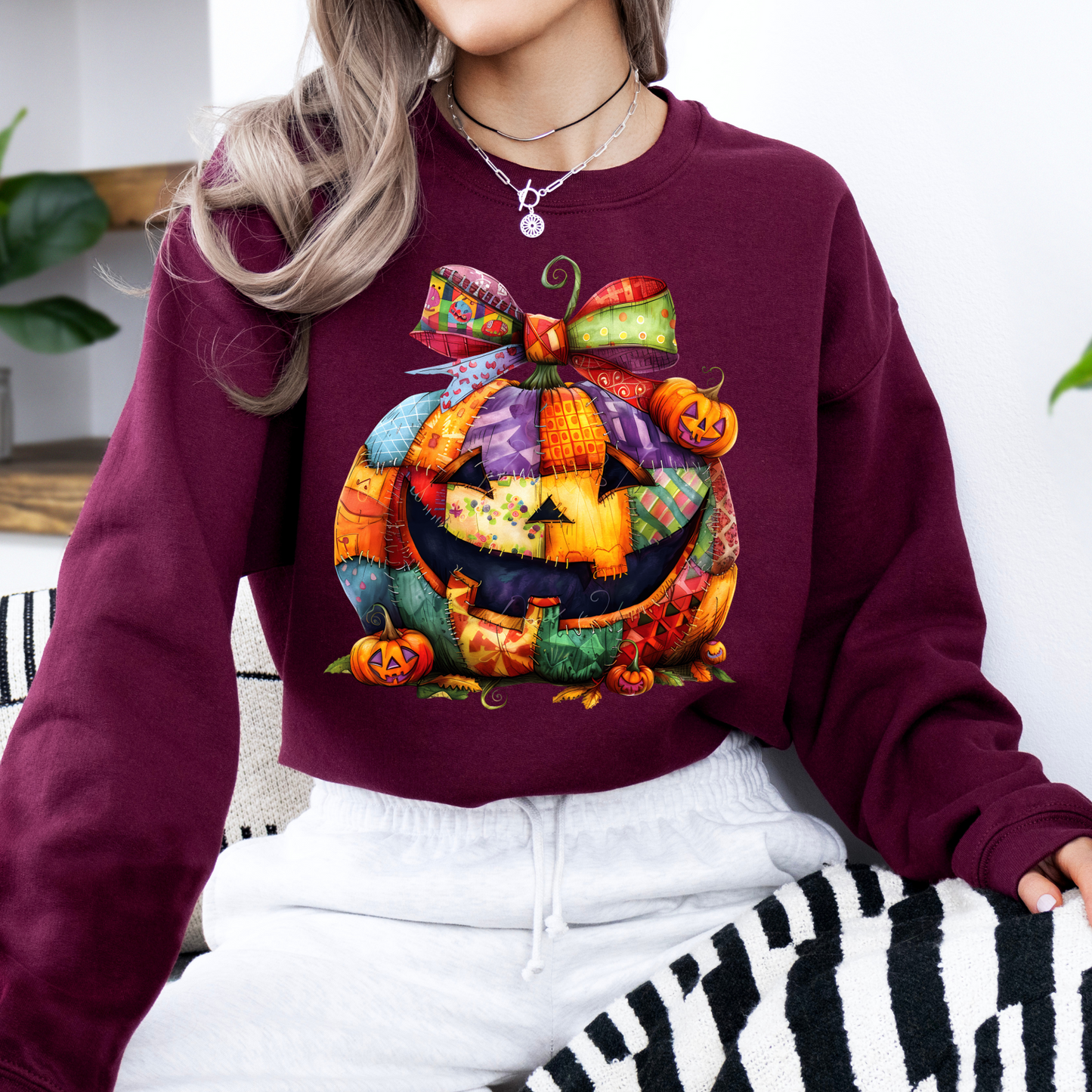 Patchwork Pumpkin Halloween Sweatshirt | Cute Jack-o’-Lantern Fall Pullover | Cozy Pumpkin Bow Sweater | Colorful Halloween Crewneck