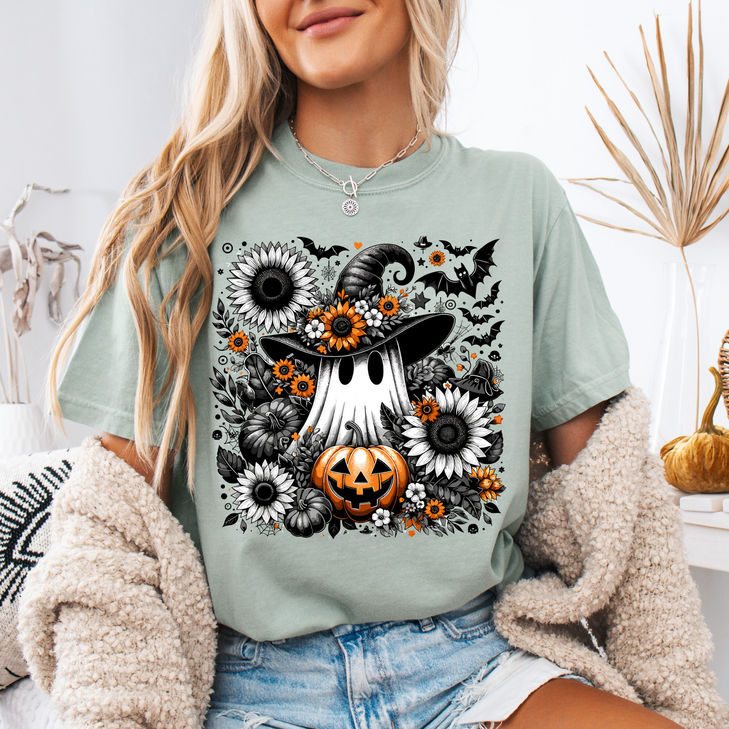 Witchy Ghost Sunflower Floral Pumpkin Tee