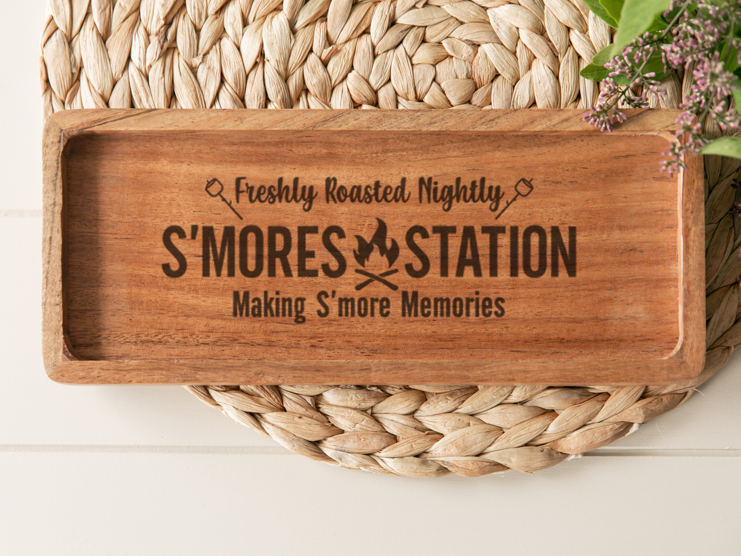 Laser Engraved S’mores Station Wooden Tray | Rustic Marshmallow & Chocolate Serving Board