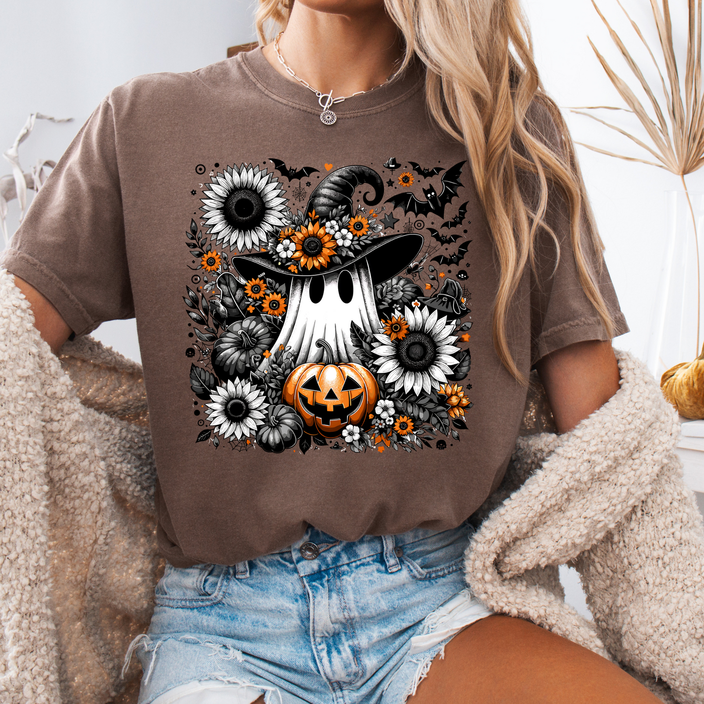 Witchy Ghost Sunflower Floral Pumpkin Tee