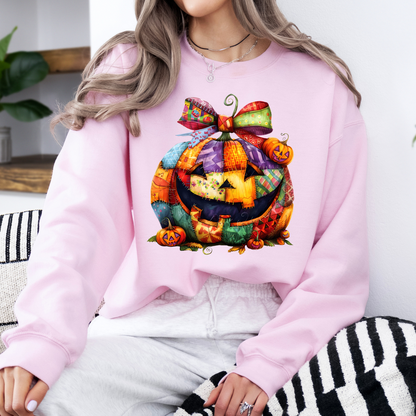 Patchwork Pumpkin Halloween Sweatshirt | Cute Jack-o’-Lantern Fall Pullover | Cozy Pumpkin Bow Sweater | Colorful Halloween Crewneck