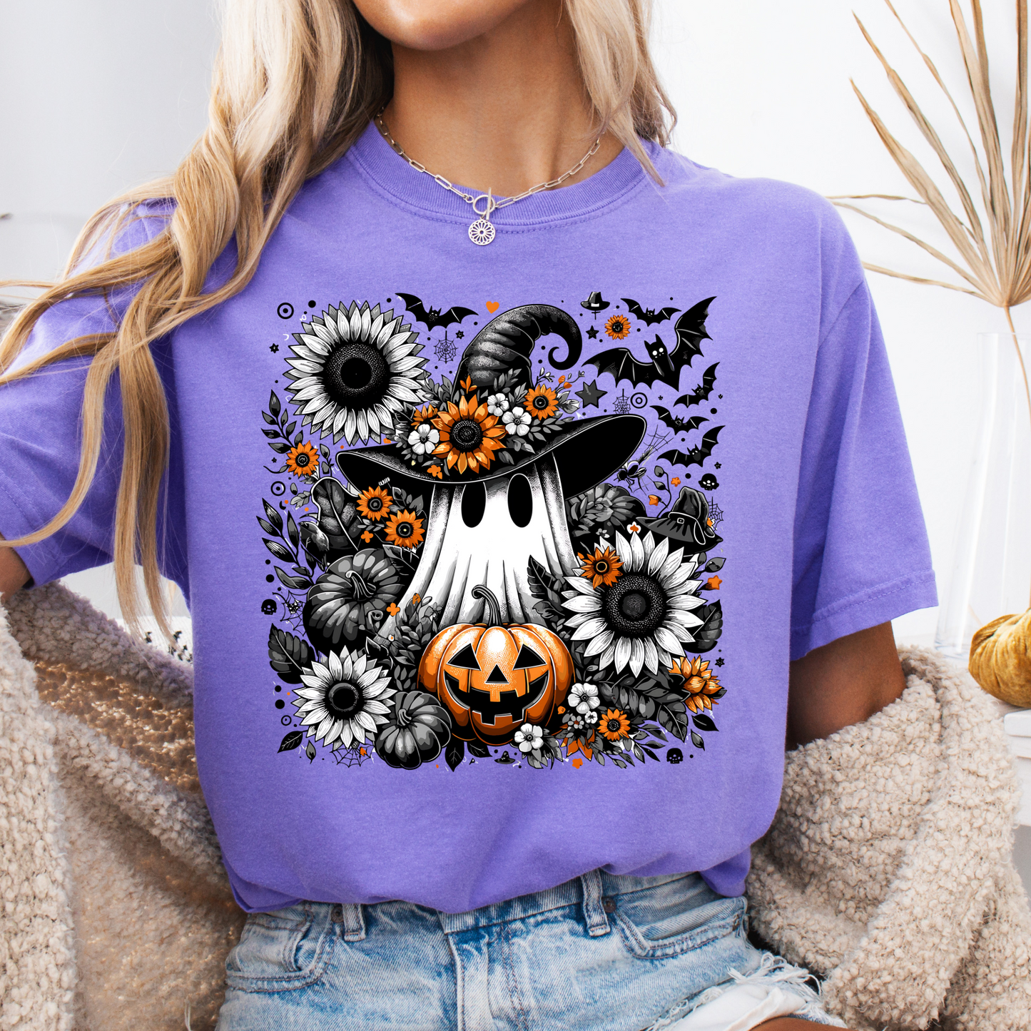 Witchy Ghost Sunflower Floral Pumpkin Tee