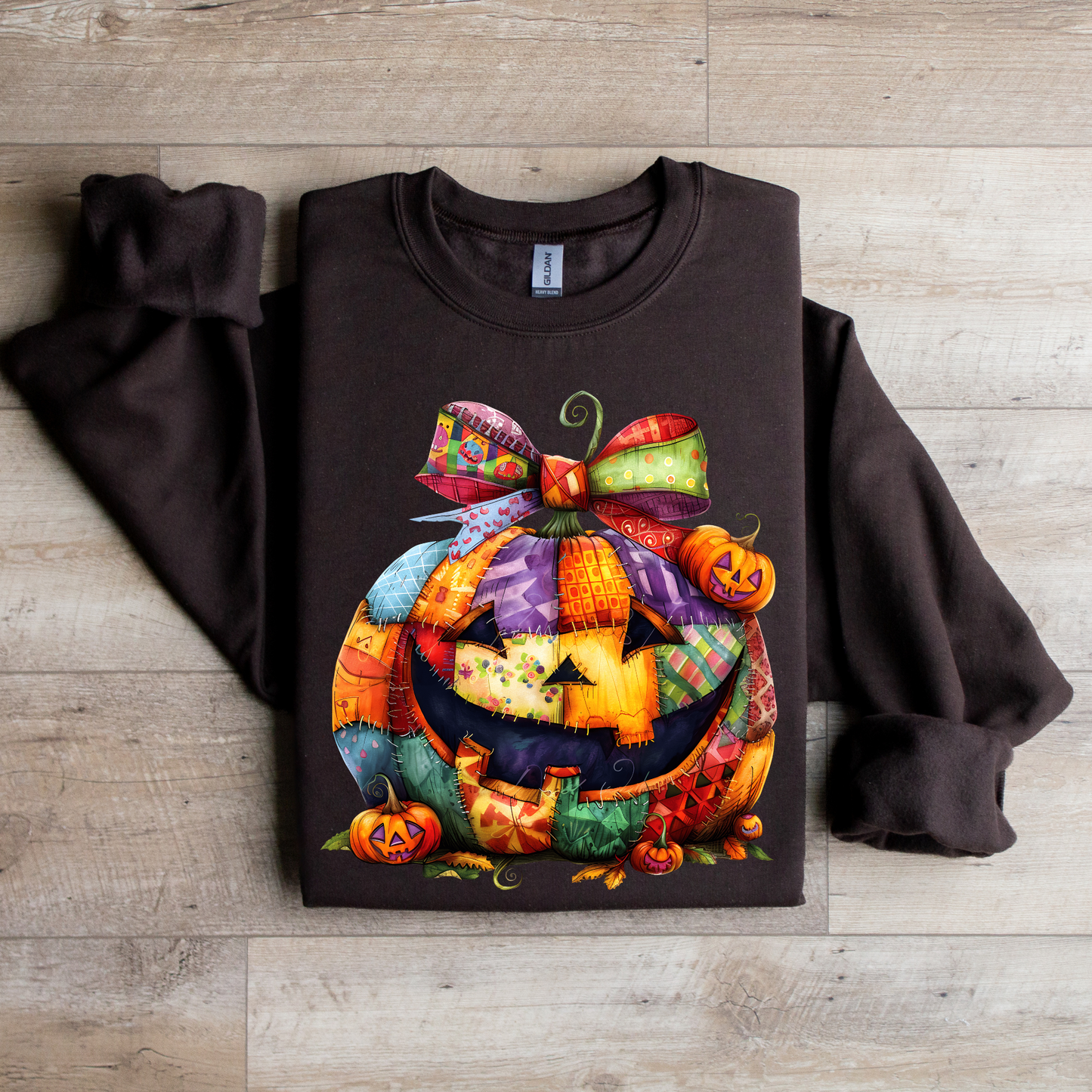 Patchwork Pumpkin Halloween Sweatshirt | Cute Jack-o’-Lantern Fall Pullover | Cozy Pumpkin Bow Sweater | Colorful Halloween Crewneck