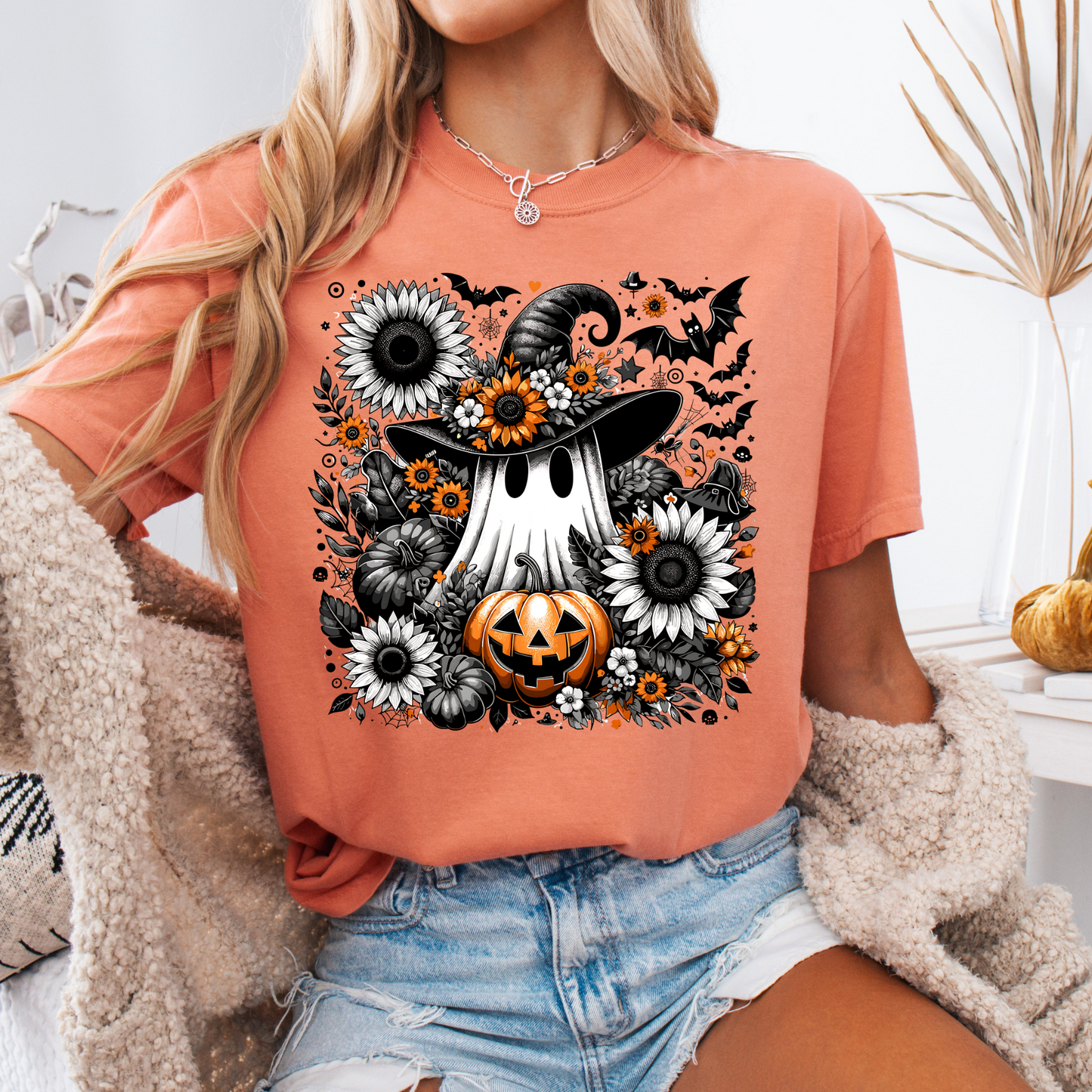 Witchy Ghost Sunflower Floral Pumpkin Tee