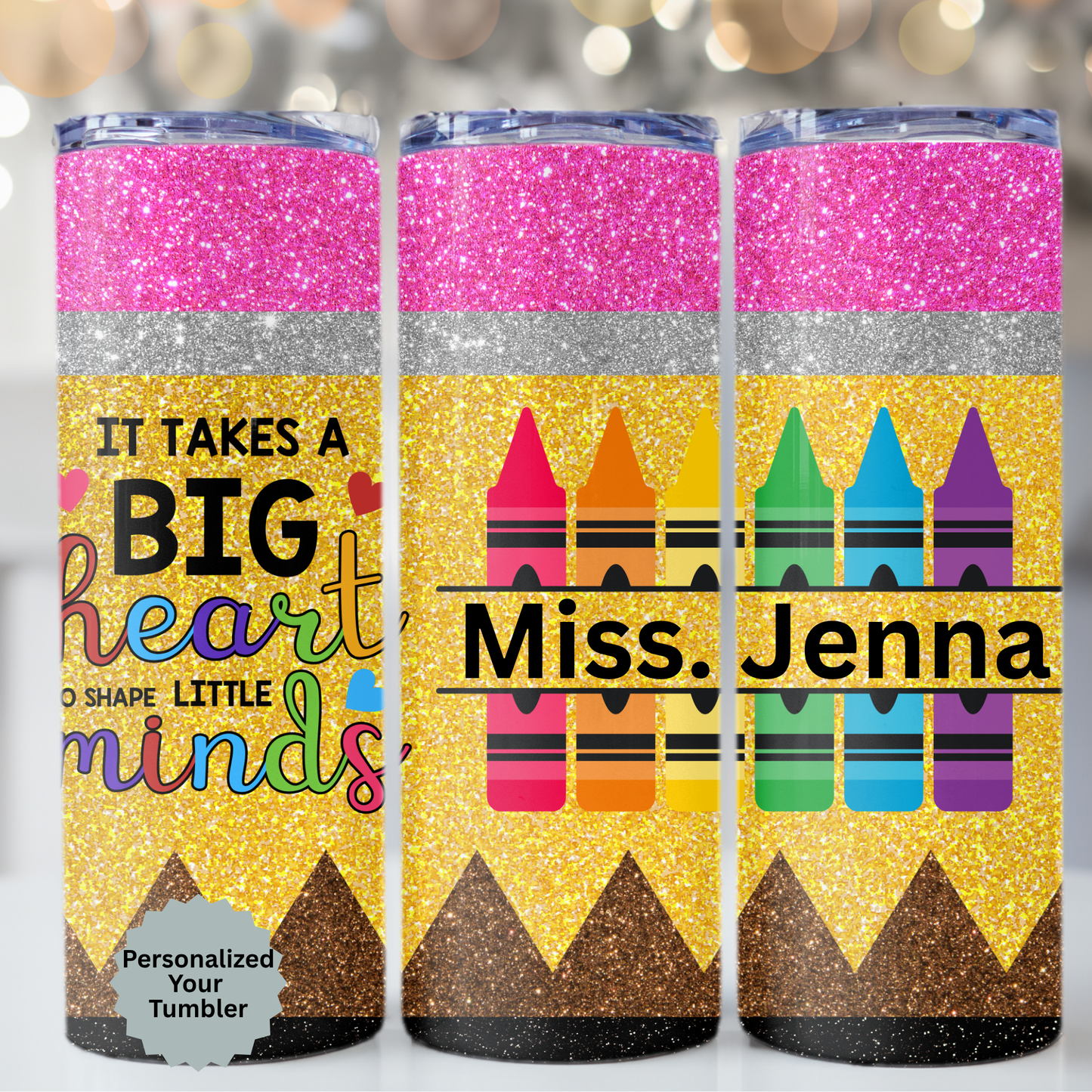 Personalized Teacher Glitter Crayon Tumbler – Custom Name 20oz Cup-Teacher Gifts