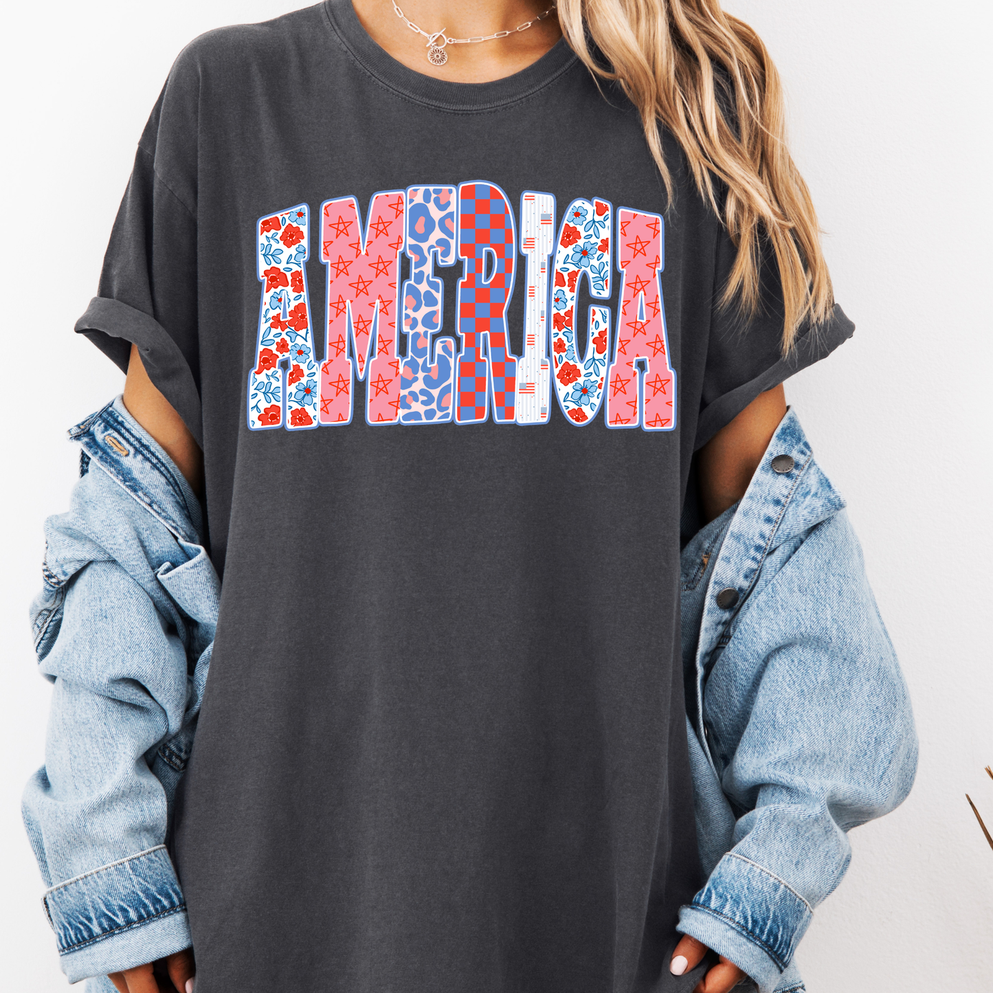 America Pattern Shirt, Patriotic Patchwork Tee, 4th of July Graphic Shirt, Trendy USA Shirt, Cute America Tee