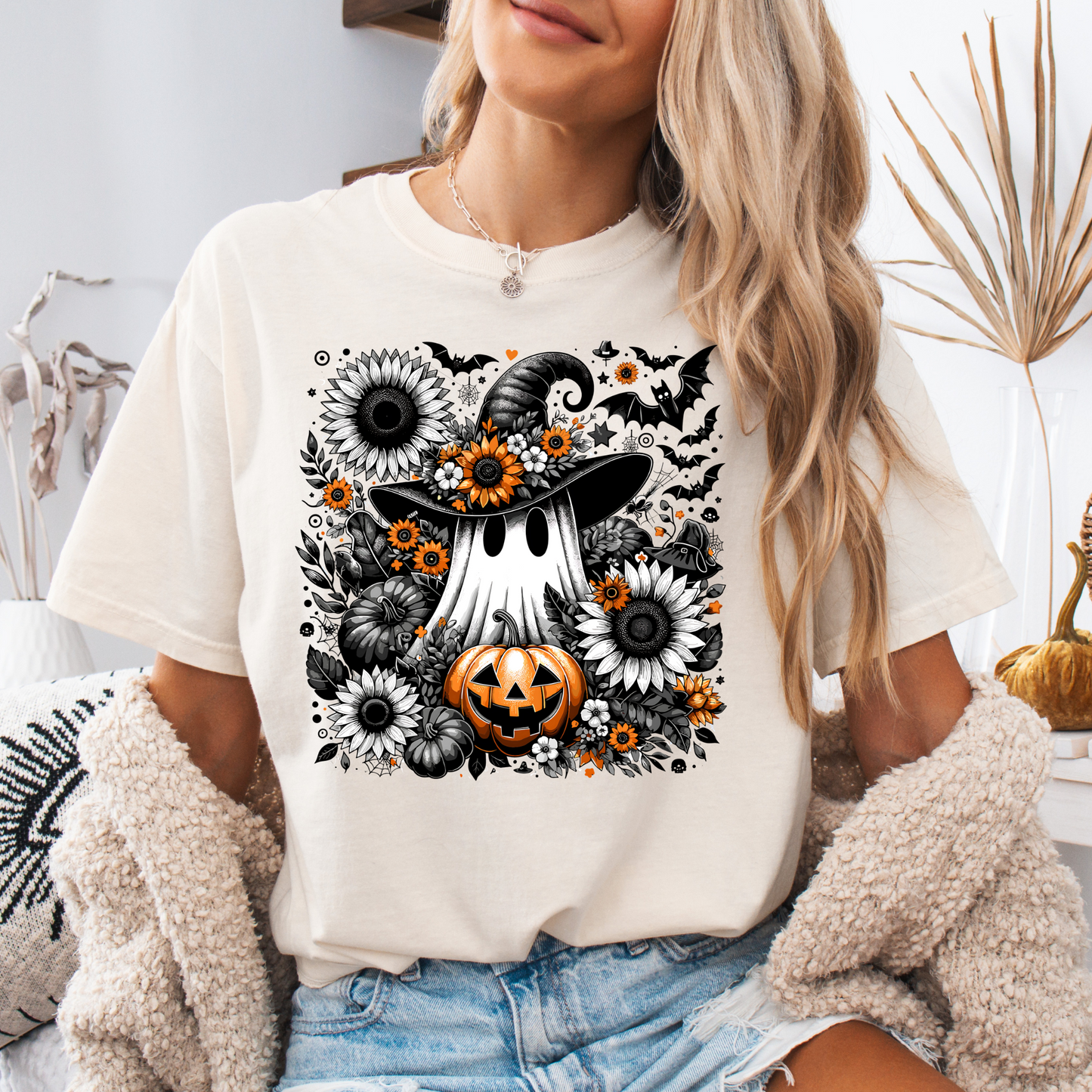 Witchy Ghost Sunflower Floral Pumpkin Tee