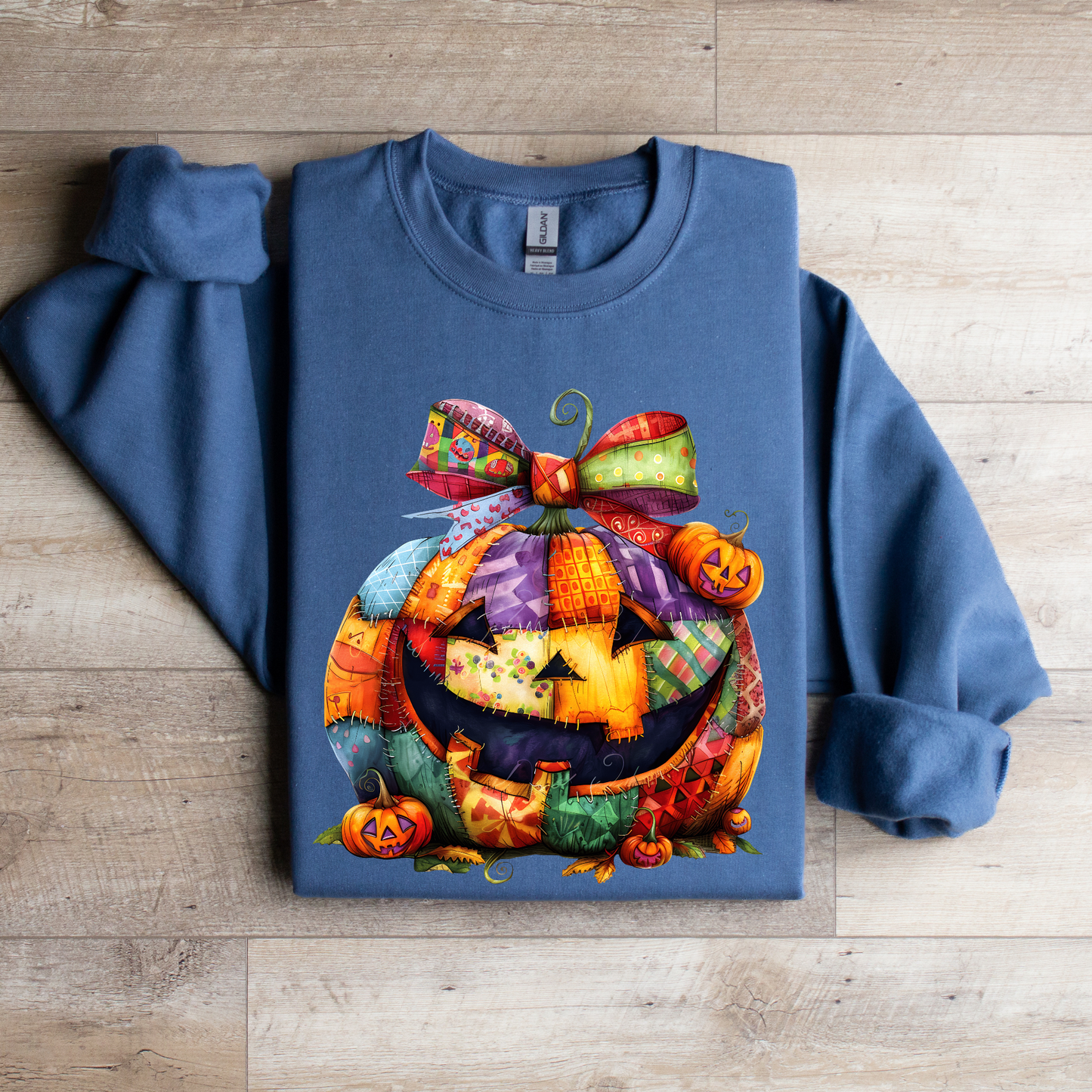 Patchwork Pumpkin Halloween Sweatshirt | Cute Jack-o’-Lantern Fall Pullover | Cozy Pumpkin Bow Sweater | Colorful Halloween Crewneck