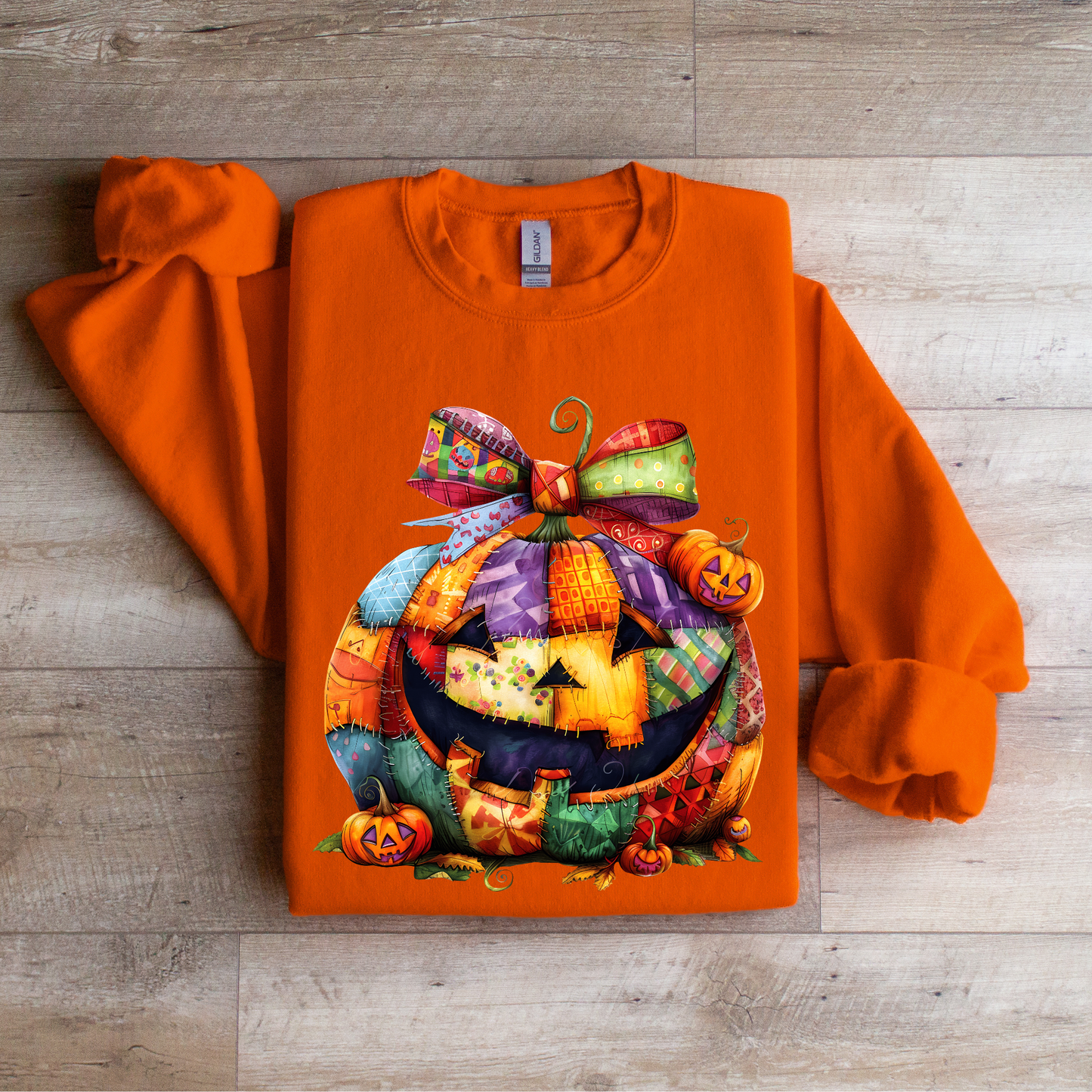 Patchwork Pumpkin Halloween Sweatshirt | Cute Jack-o’-Lantern Fall Pullover | Cozy Pumpkin Bow Sweater | Colorful Halloween Crewneck