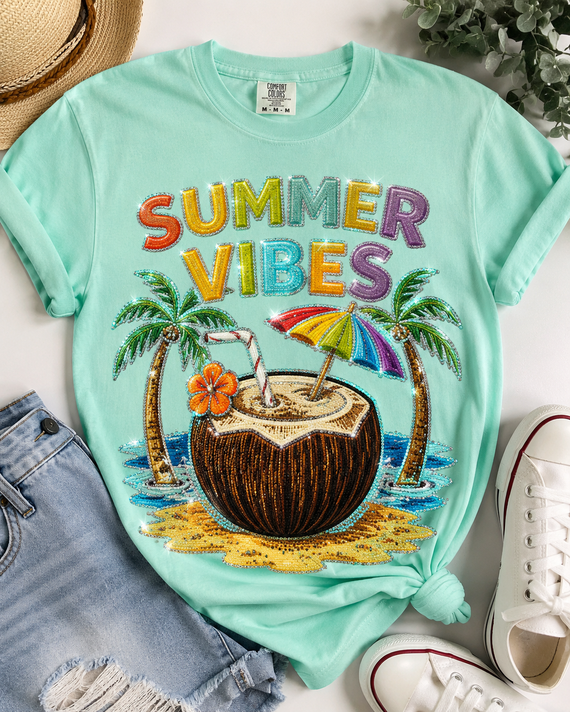 Summer Vibes Coconut Rhinestone Comfort Colors Tee