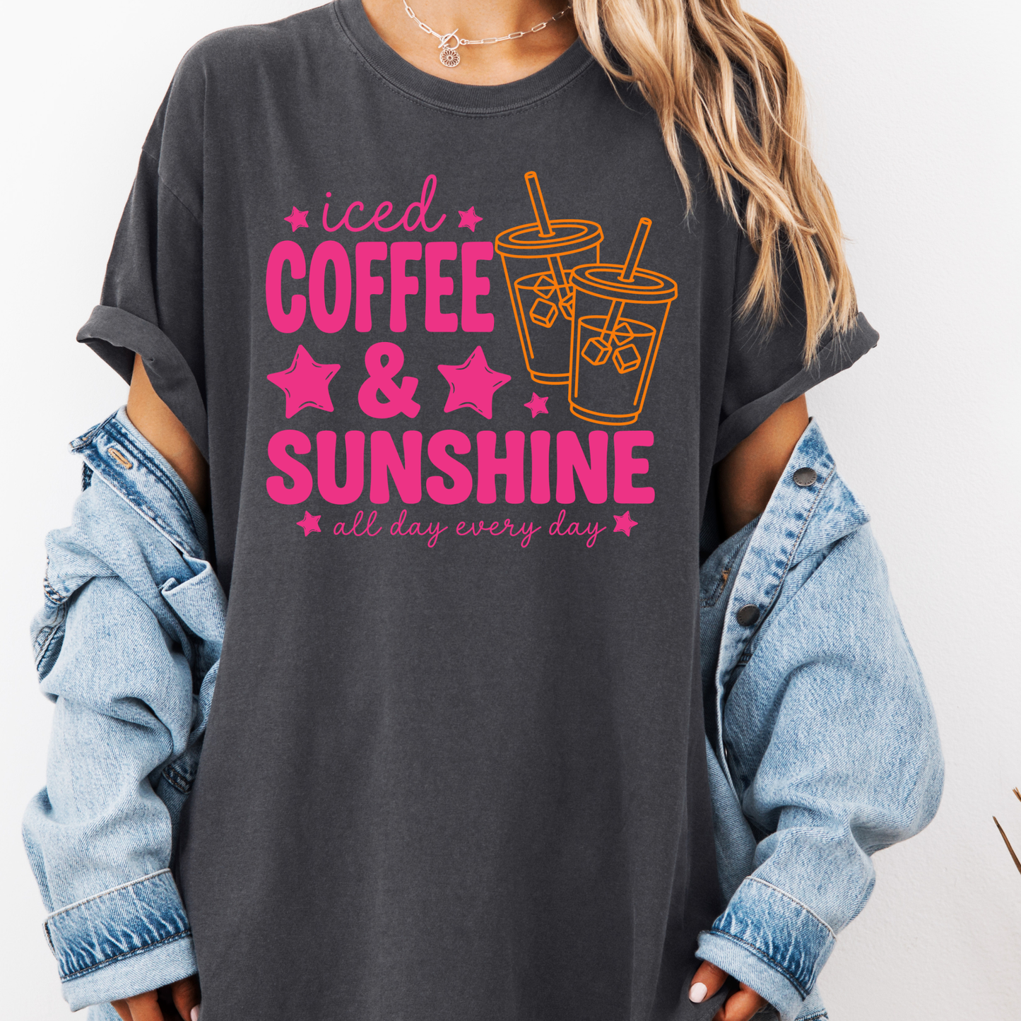 Iced Coffee & Sunshine Shirt, Summer Coffee Lover Tee, Cute Iced Coffee Graphic Tee, Pink Aesthetic Shirt, Coffee Lover Gift, Trendy Summer T-Shirt