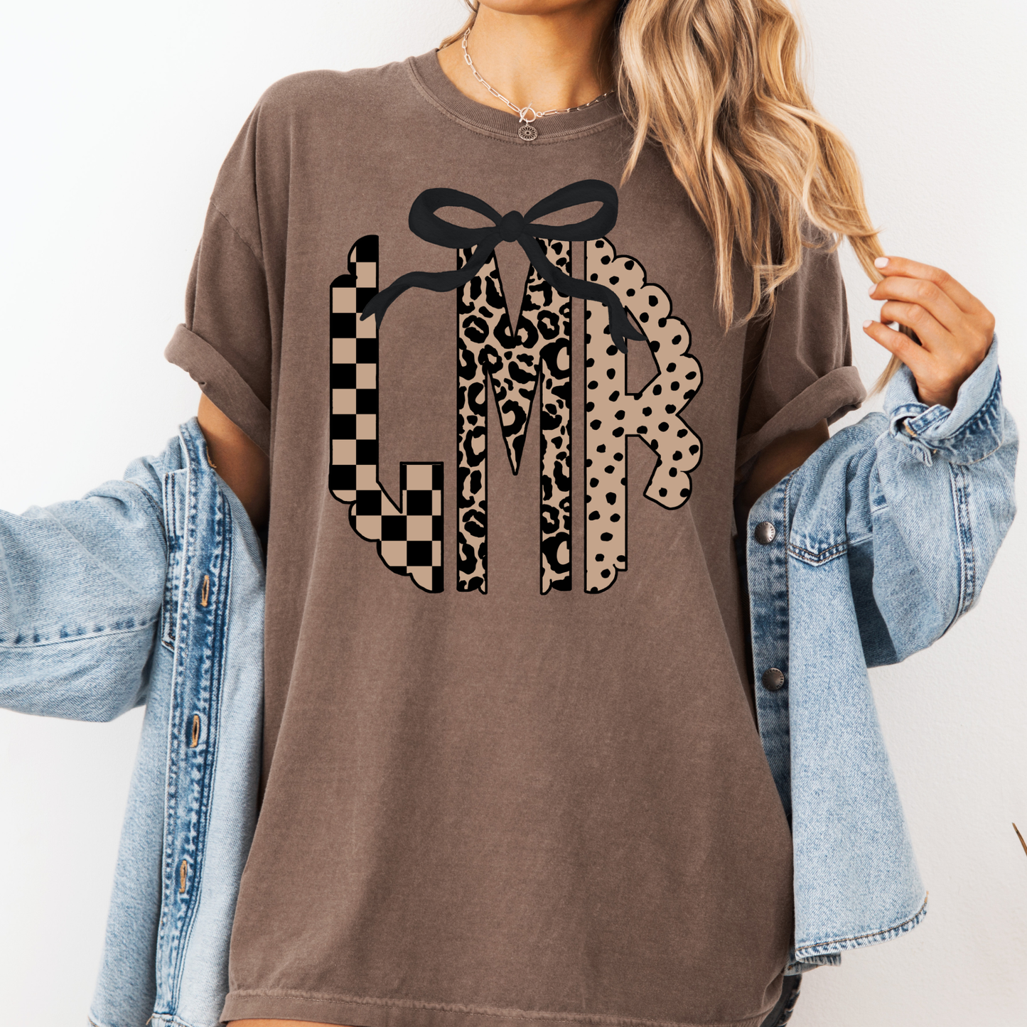 Custom Monogram Shirt with Bow, Leopard Initial Tee, Personalized Graphic Shirt Women