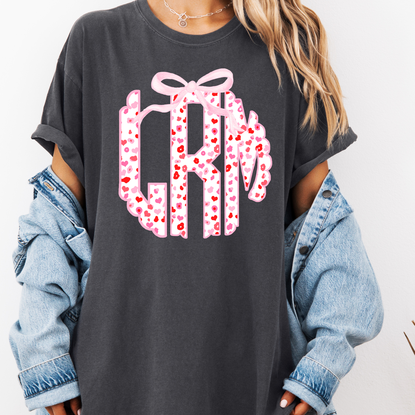 Pink Heart Bow Monogram Shirt – Custom Initial Graphic Tee