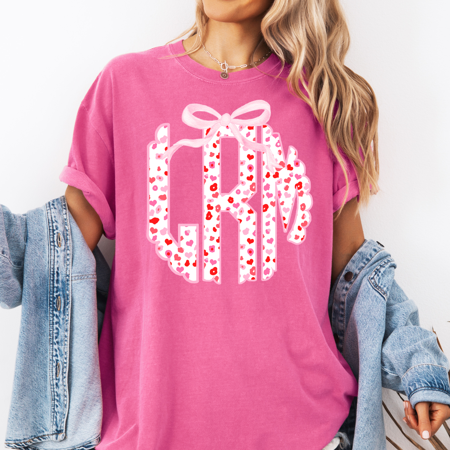 Pink Heart Bow Monogram Shirt – Custom Initial Graphic Tee