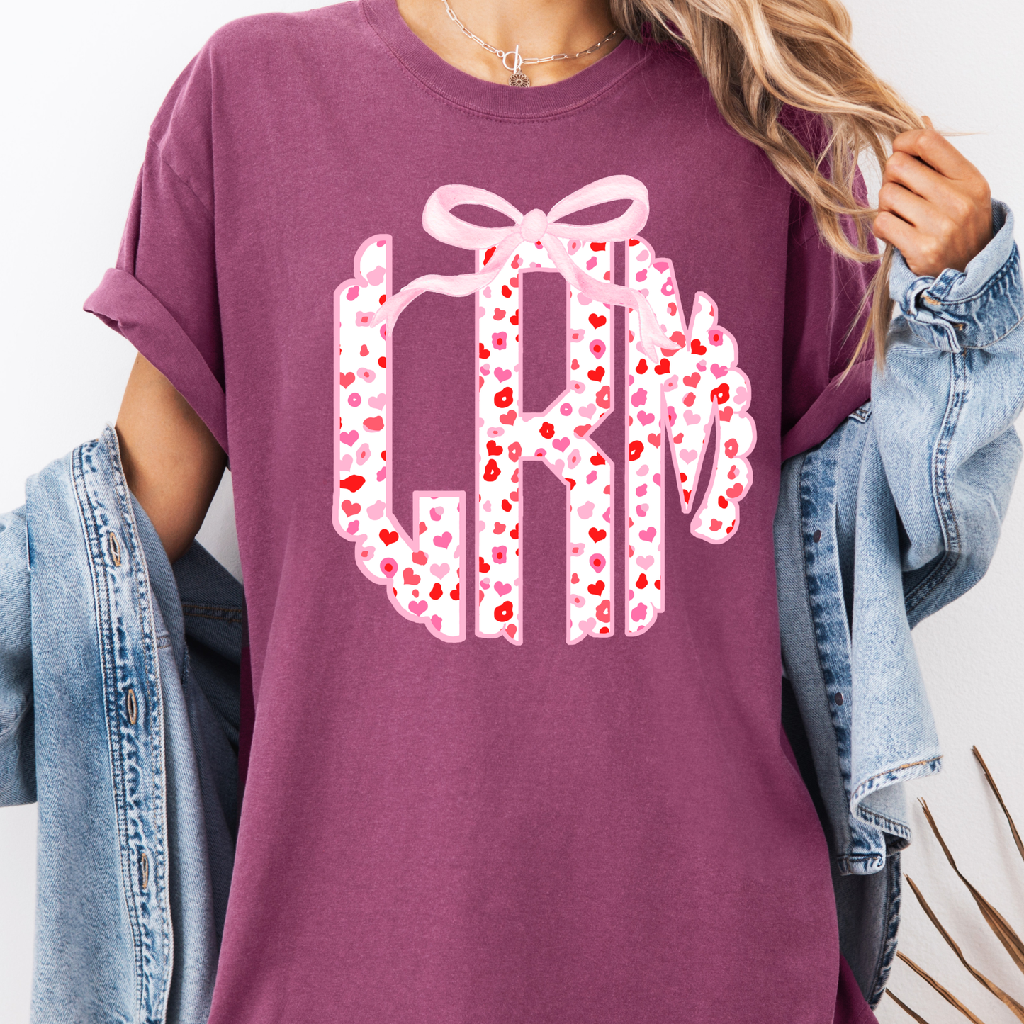Pink Heart Bow Monogram Shirt – Custom Initial Graphic Tee
