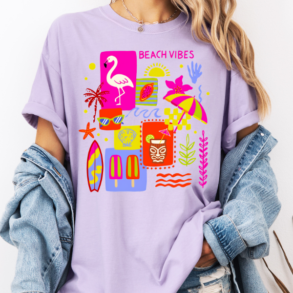 Beach Vibes Graphic Tee – Colorful Summer Shirt, Tropical Flamingo Tee, Cute Vacation Outfit