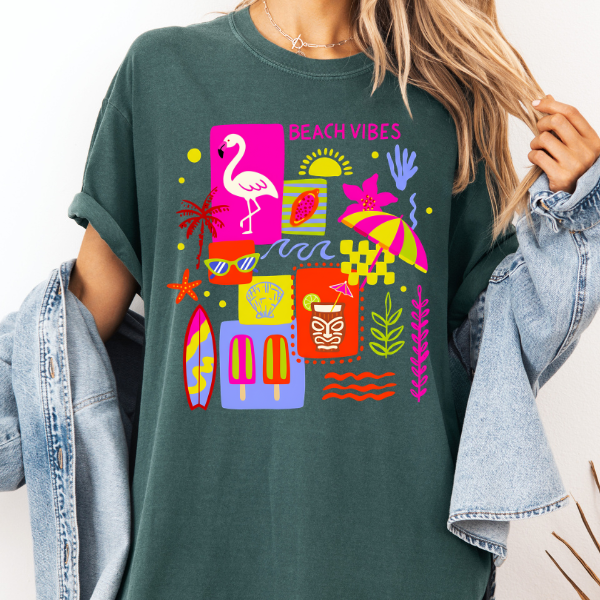 Beach Vibes Graphic Tee – Colorful Summer Shirt, Tropical Flamingo Tee, Cute Vacation Outfit
