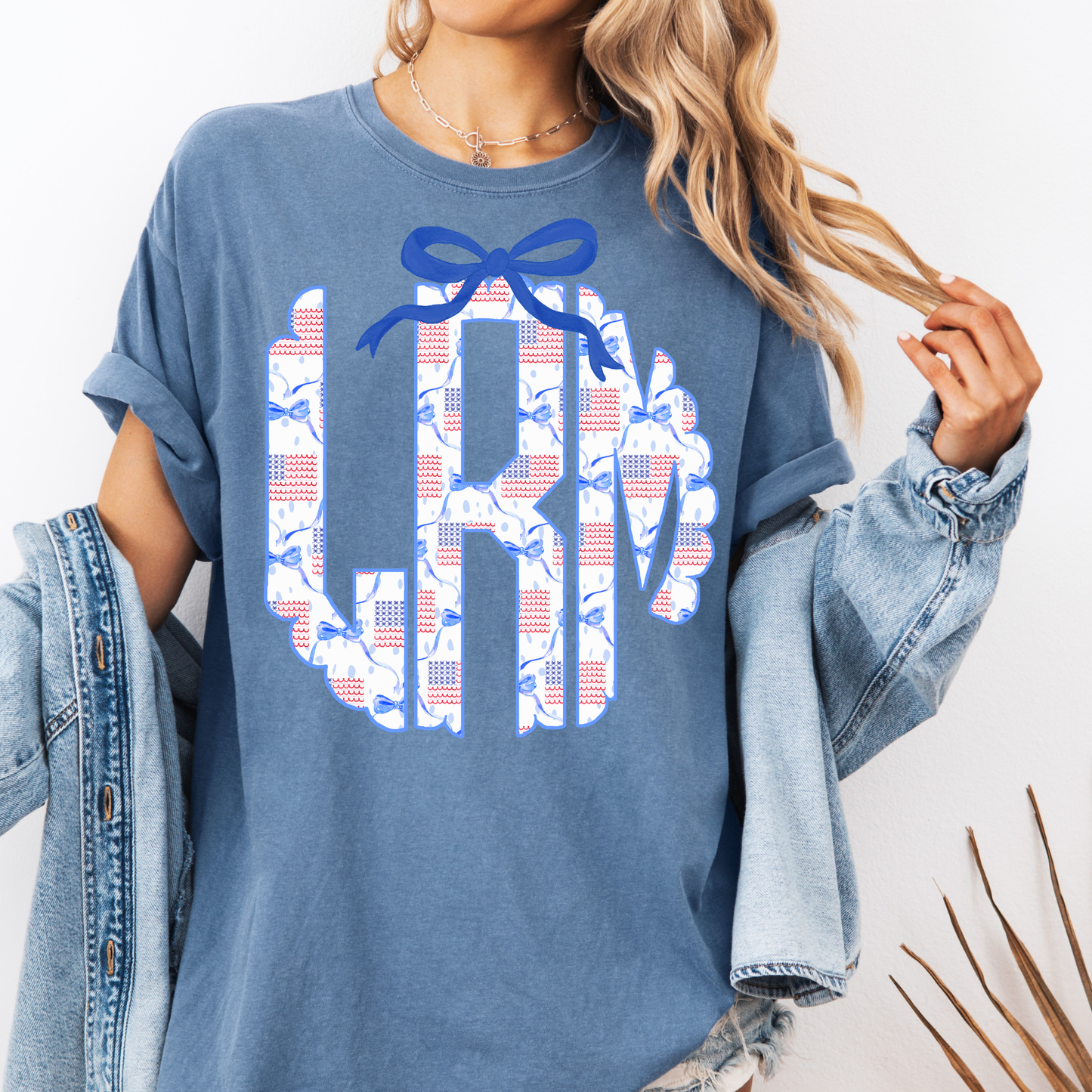 Custom Patriotic Monogram Shirt, American Flag Initial Tee, 4th of July Personalized Shirt, Red White Blue Bow Shirt