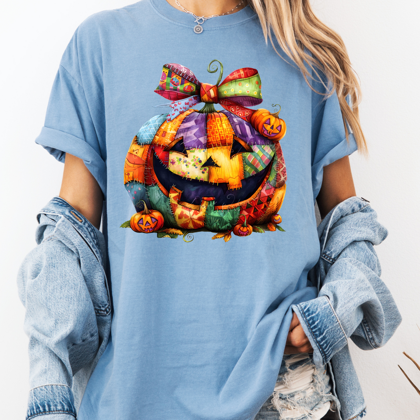 Patchwork Jack-o’-Lantern Comfort Color T-shirt | Cozy Fall Pumpkin tees| Fall Pumpkin shirts | Cute Colorful Halloween tees