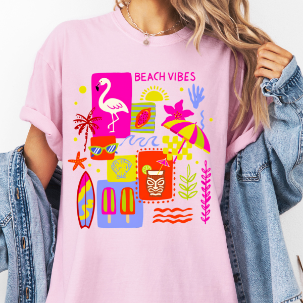 Beach Vibes Graphic Tee – Colorful Summer Shirt, Tropical Flamingo Tee, Cute Vacation Outfit