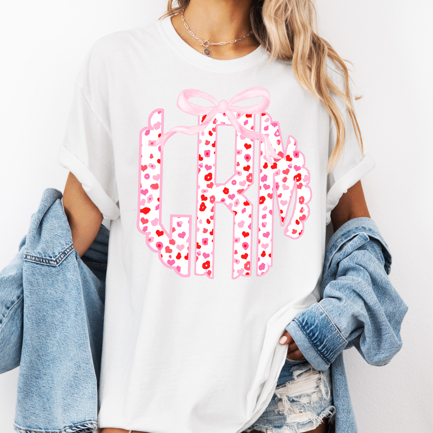 Pink Heart Bow Monogram Shirt – Custom Initial Graphic Tee