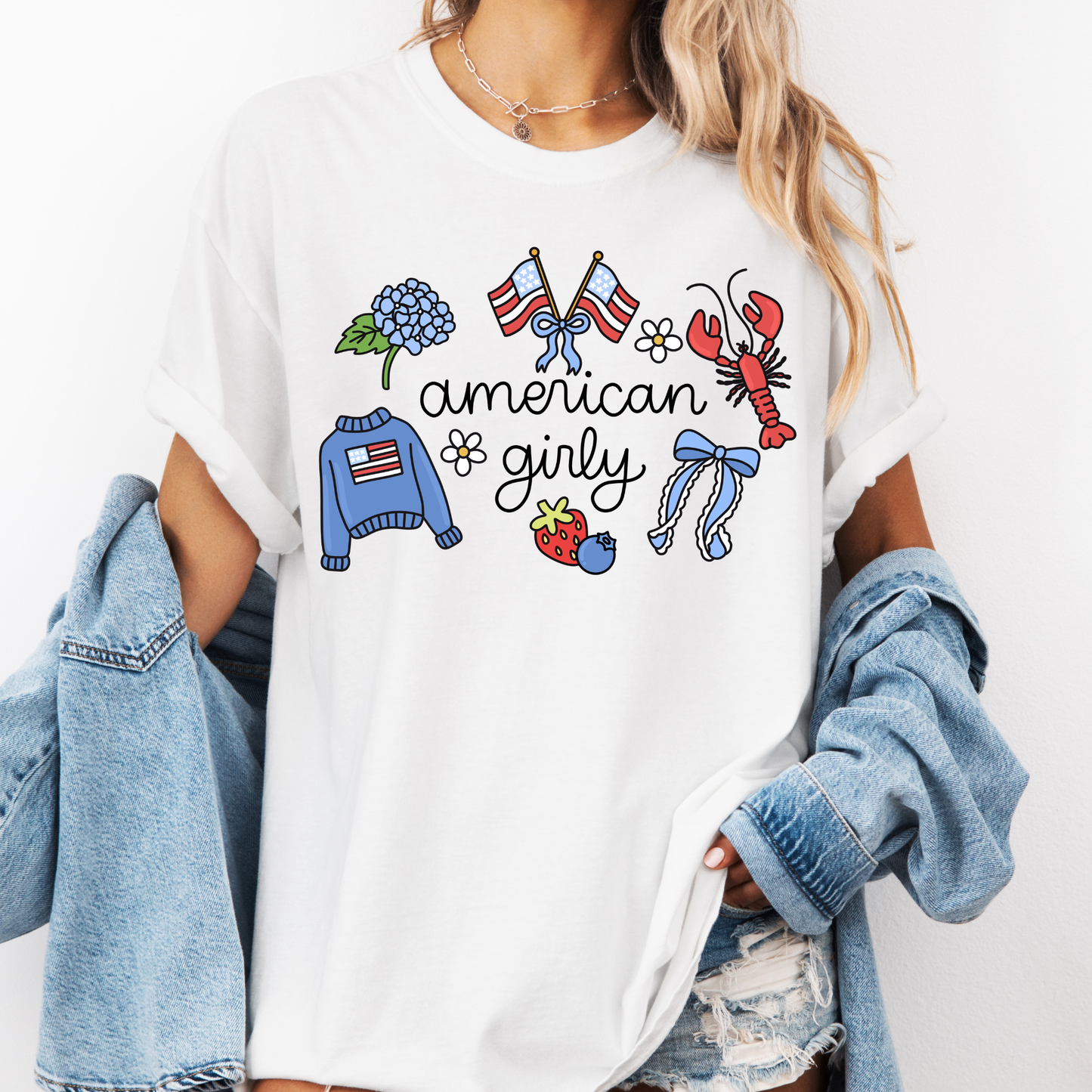 American Girly Shirt, Coquette 4th of July Tee, Cute Patriotic Shirt, Girly USA Graphic Tee, Preppy Summer Shirt