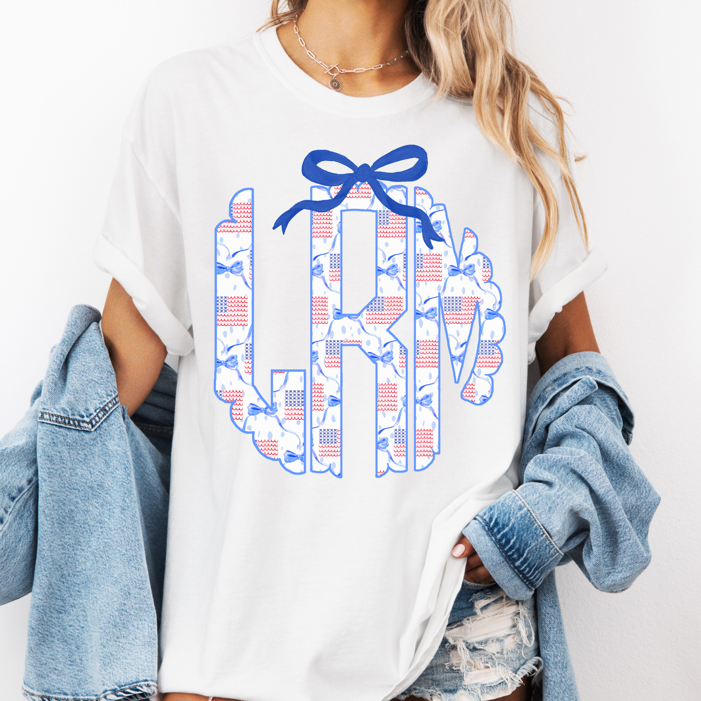 Custom Patriotic Monogram Shirt, American Flag Initial Tee, 4th of July Personalized Shirt, Red White Blue Bow Shirt