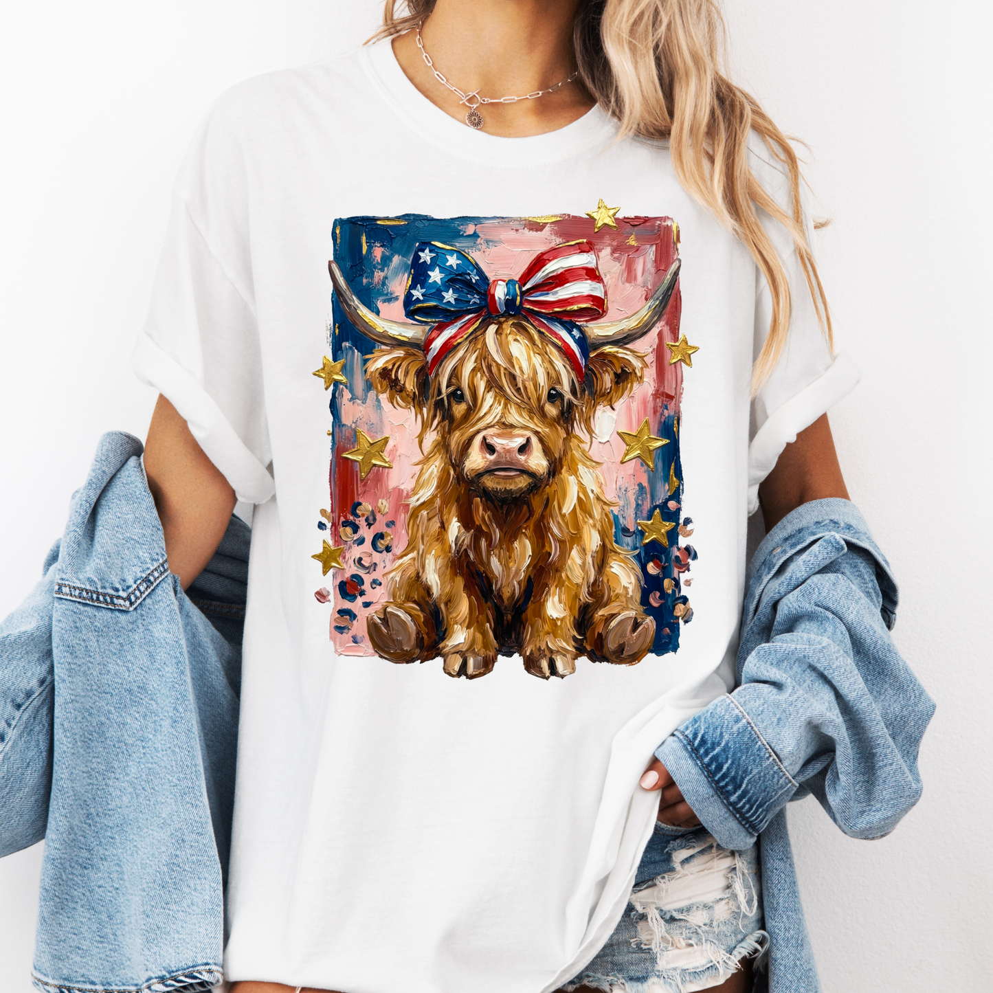 Patriotic Highland Cow Shirt, 4th of July Cow Tee, Cute Farm Animal Shirt, USA Cowgirl Shirt, Western Patriotic Tee