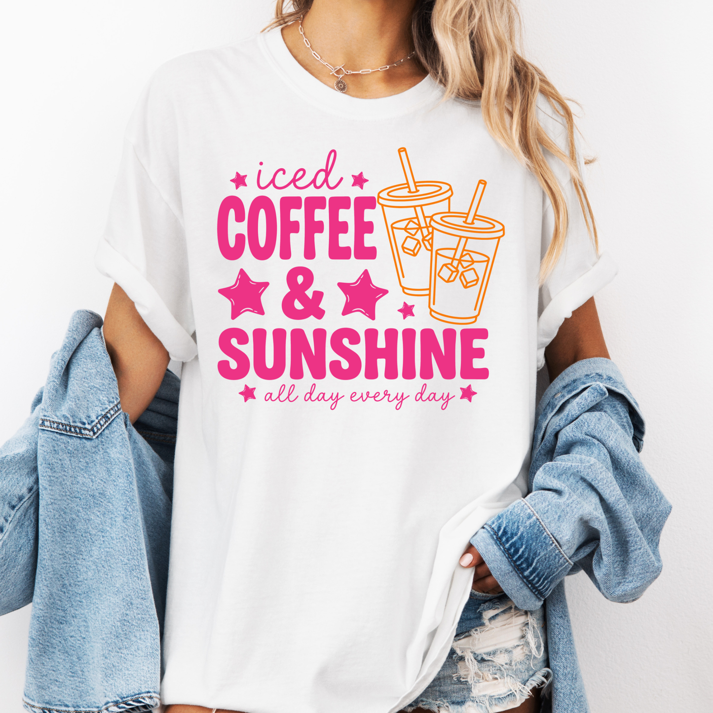 Iced Coffee & Sunshine Shirt, Summer Coffee Lover Tee, Cute Iced Coffee Graphic Tee, Pink Aesthetic Shirt, Coffee Lover Gift, Trendy Summer T-Shirt
