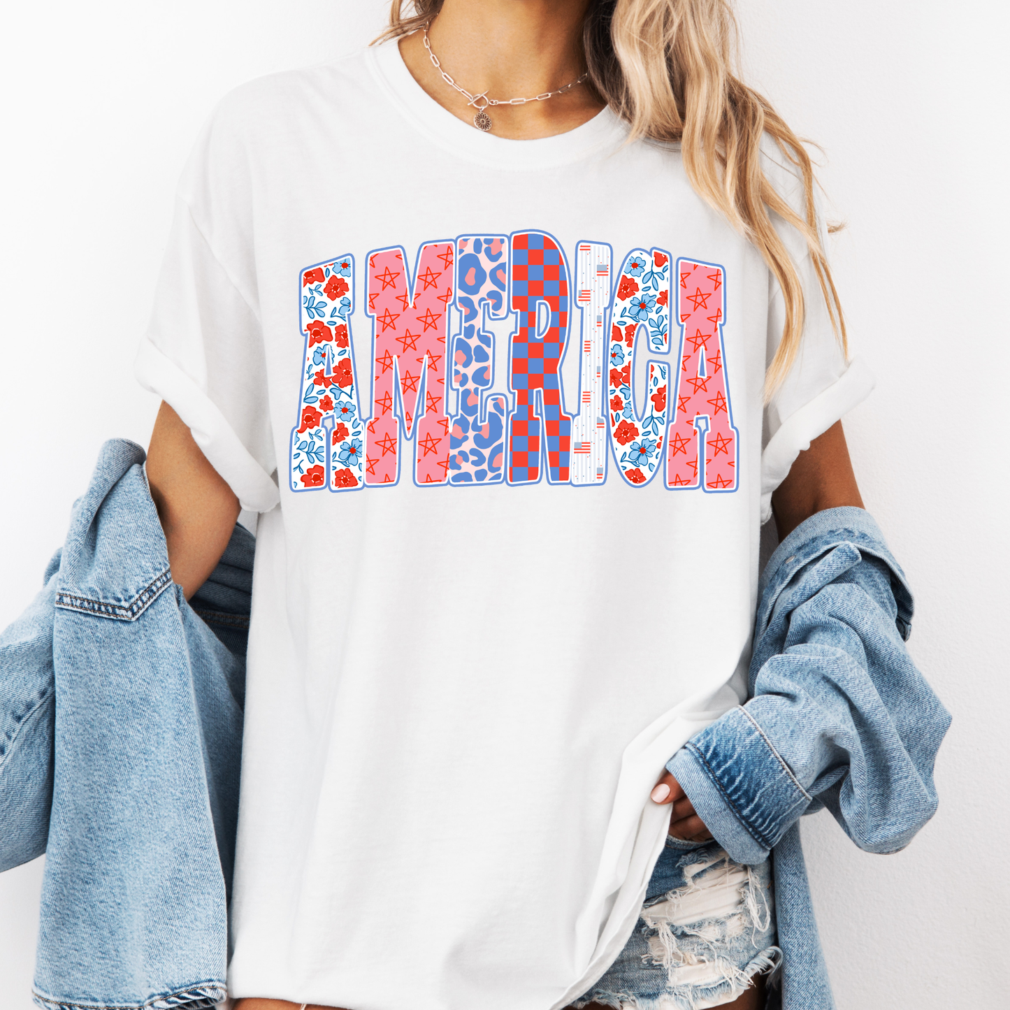 America Pattern Shirt, Patriotic Patchwork Tee, 4th of July Graphic Shirt, Trendy USA Shirt, Cute America Tee