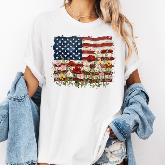 American Flag Floral Shirt, Patriotic Flower Flag Tee, 4th of July Shirt, USA Graphic Tee, Vintage Flag Shirt