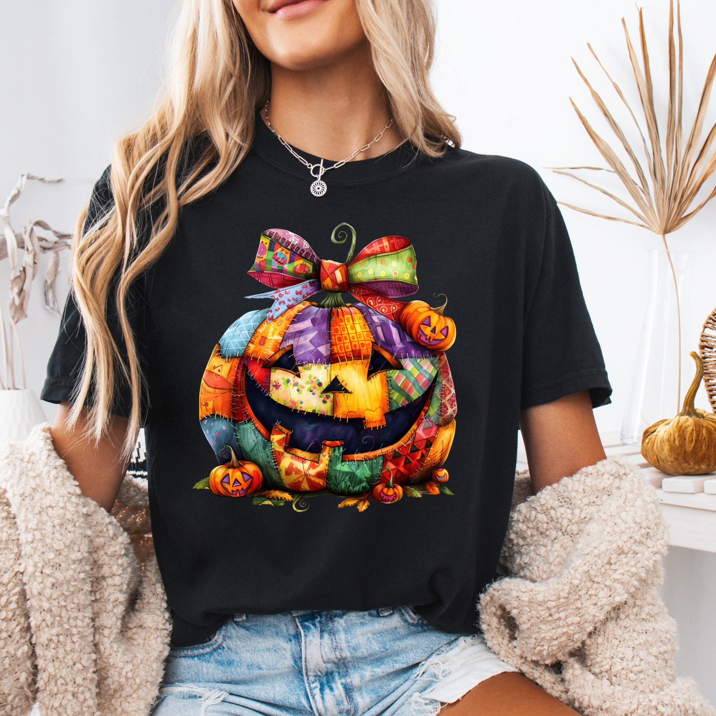 Patchwork Jack-o’-Lantern Comfort Color T-shirt | Cozy Fall Pumpkin tees| Fall Pumpkin shirts | Cute Colorful Halloween tees