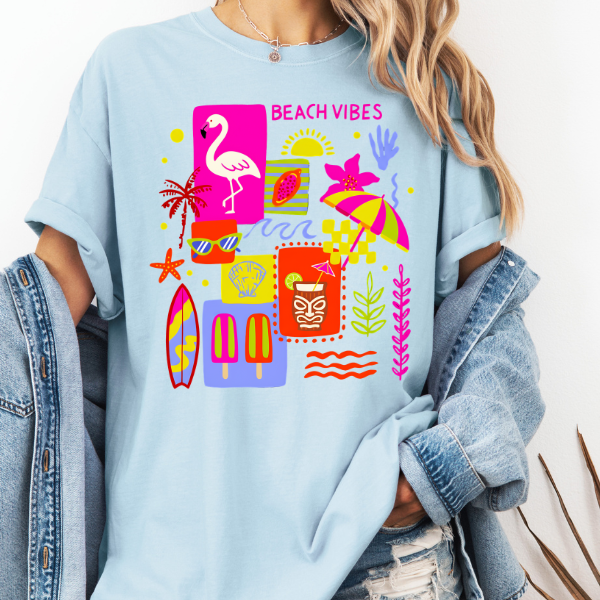 Beach Vibes Graphic Tee – Colorful Summer Shirt, Tropical Flamingo Tee, Cute Vacation Outfit