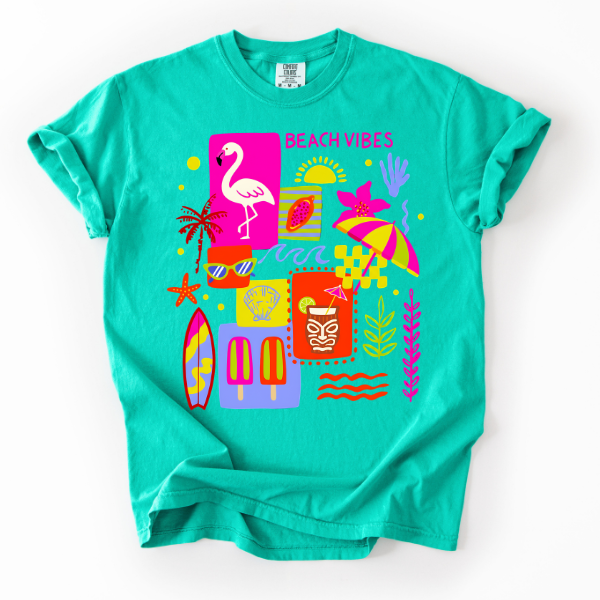 Beach Vibes Graphic Tee – Colorful Summer Shirt, Tropical Flamingo Tee, Cute Vacation Outfit