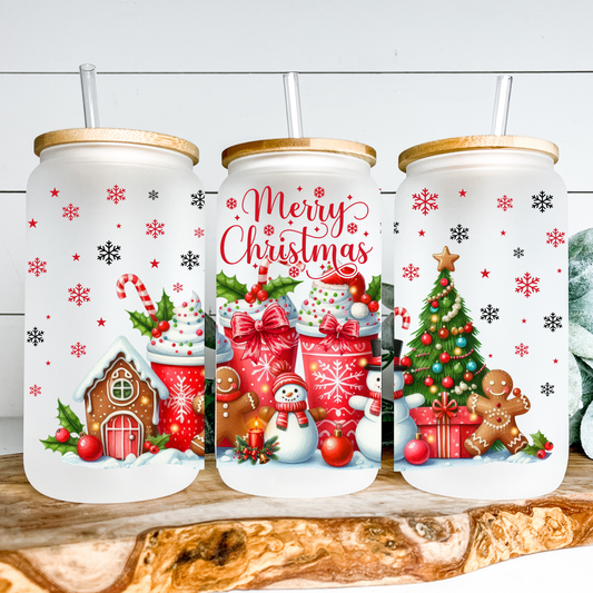 Merry Christmas Frosted Holiday Mug – Festive Glass Cup, Holiday Drinkware, Hot Cocoa & Coffee Gift