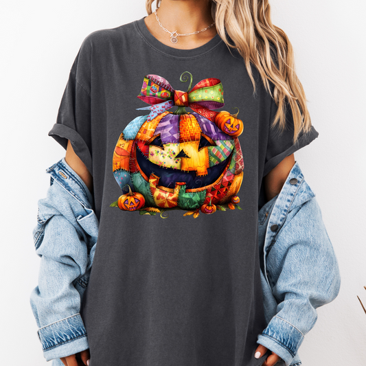 Patchwork Jack-o’-Lantern Comfort Color T-shirt | Cozy Fall Pumpkin tees| Fall Pumpkin shirts | Cute Colorful Halloween tees