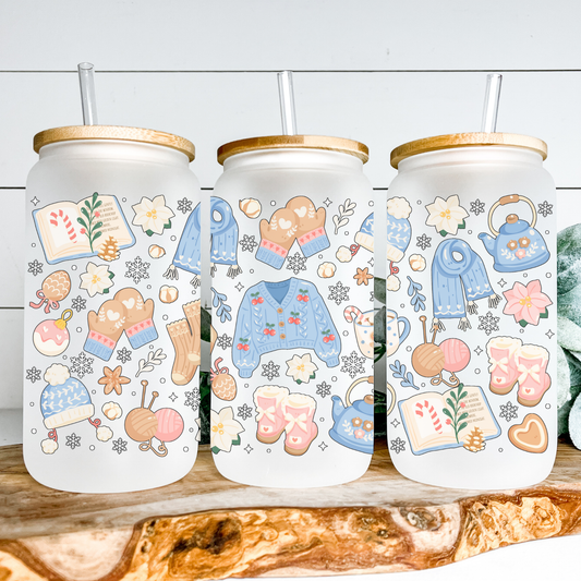 Blue Christmas Sweater Frosted Mug – Winter Holiday Frosted Glass Cup, Cozy Christmas Mug, Festive Gift for Hot Cocoa & Coffee