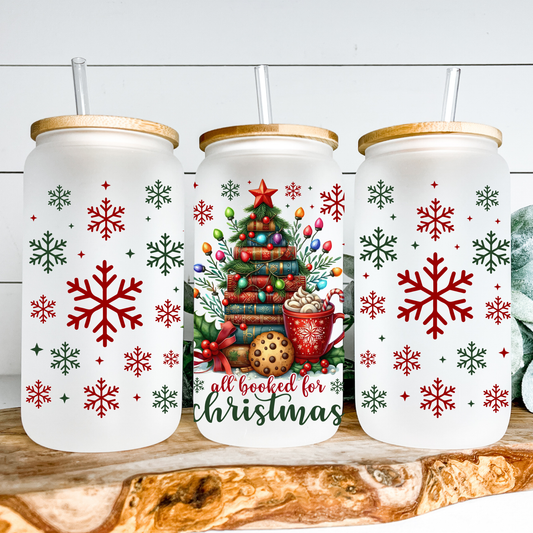 All Booked For Christmas – Book Lover Iced Coffee Frosted Mug, Holiday Glass Cup, Cozy Christmas Gift