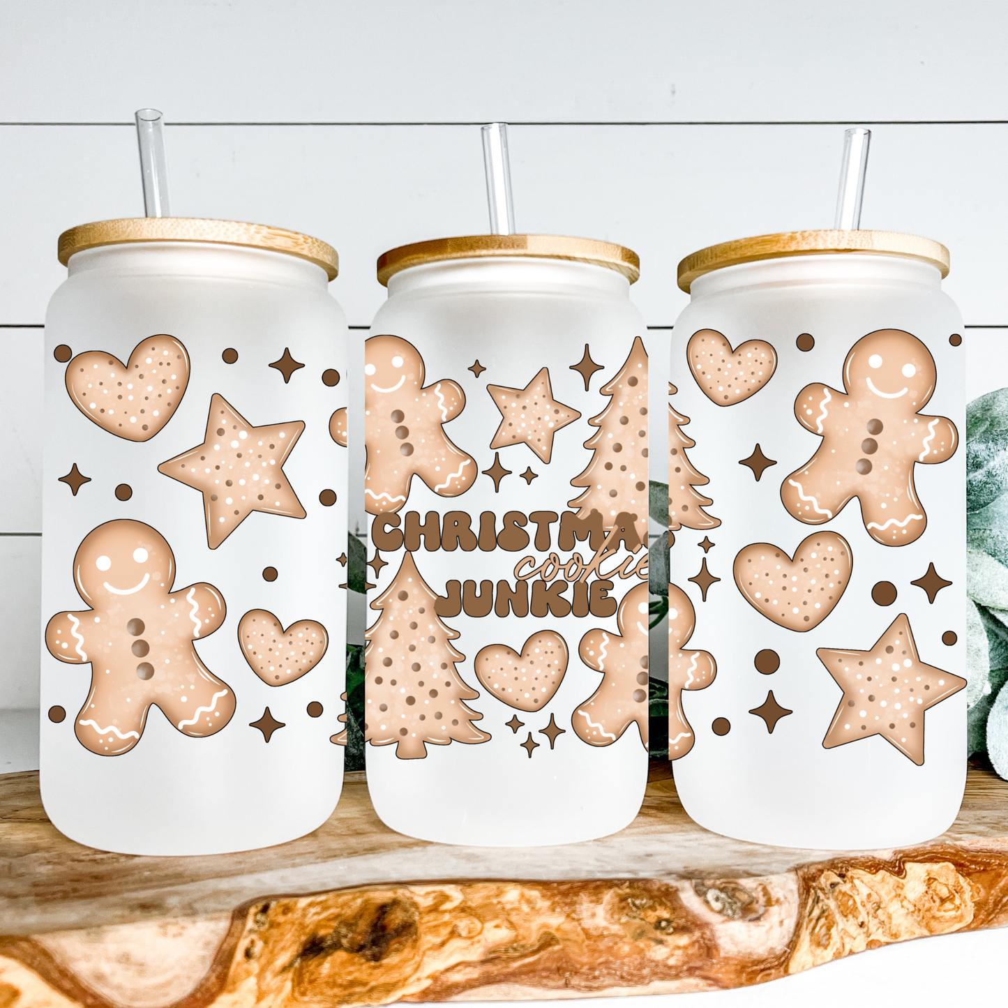 Gingerbread Christmas Junkie Frosted Iced Coffee Mug – Holiday Glass Cup, Festive Christmas Drinkware, Cold Cocoa & Coffee Gift