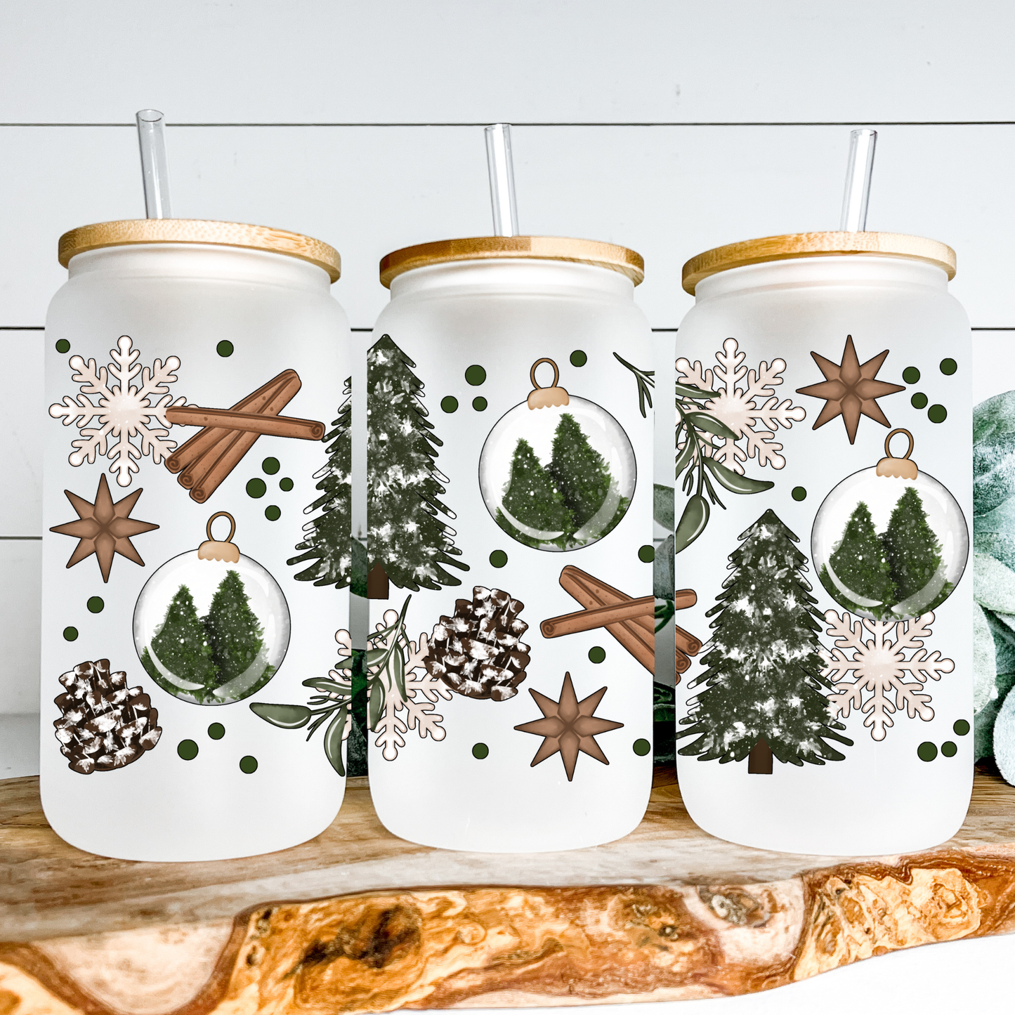 Winter Christmas Tree Sublimation Frosted Iced Coffee Mug – Holiday Glass Cup, Festive Drinkware, Cold Cocoa & Coffee Gift