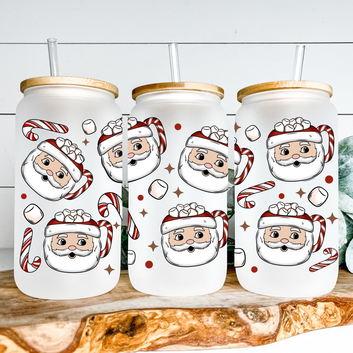 Christmas Santa Frosted Iced Coffee Mug – Holiday Glass Cup, Festive Santa Mug, Cold Coffee & Cocoa Gift