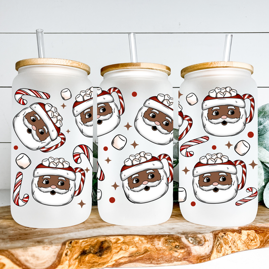 Christmas Brown Santa Frosted Iced Coffee Mug – Holiday Glass Cup, Festive Santa Mug, Cold Coffee & Cocoa Gift