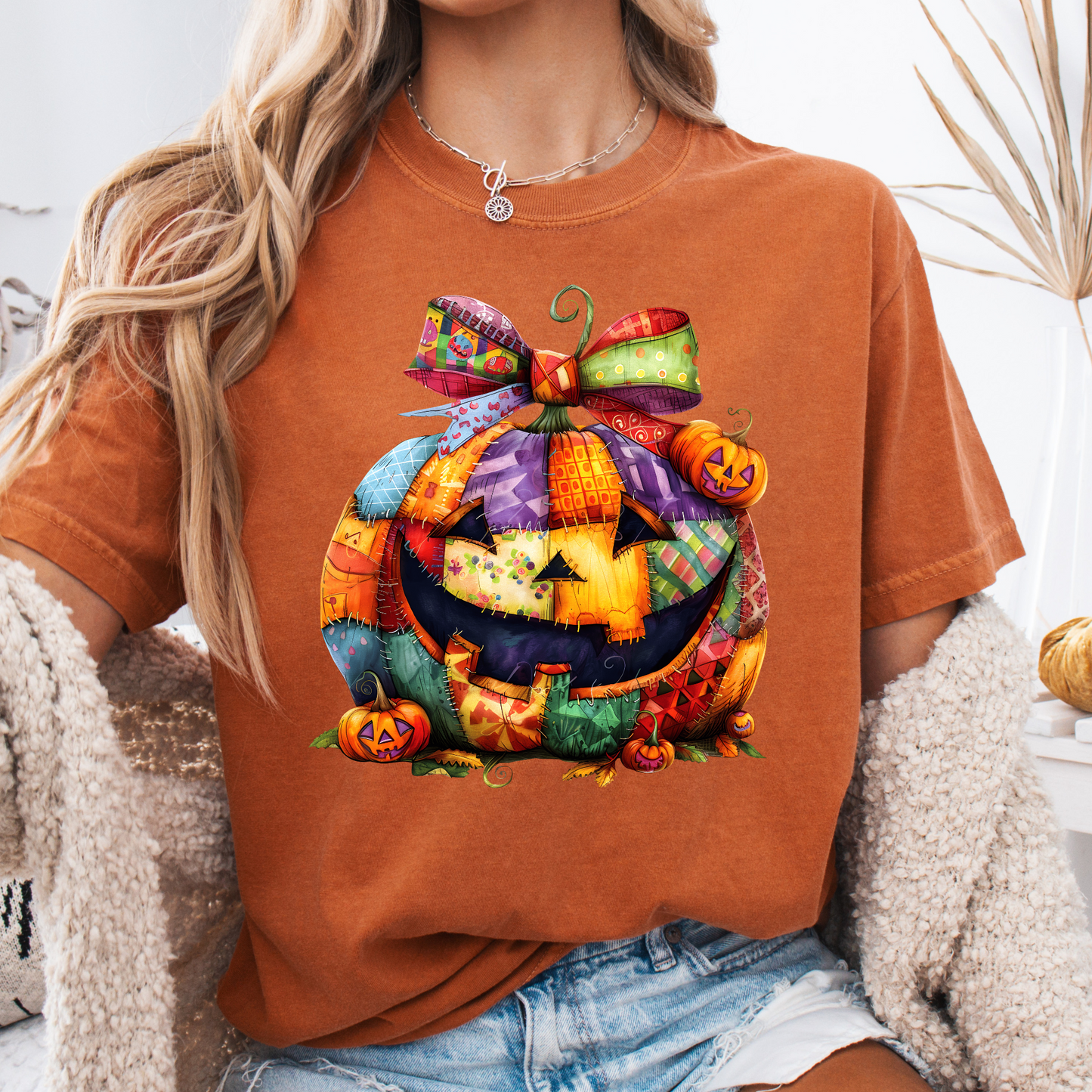 Patchwork Jack-o’-Lantern Comfort Color T-shirt | Cozy Fall Pumpkin tees| Fall Pumpkin shirts | Cute Colorful Halloween tees