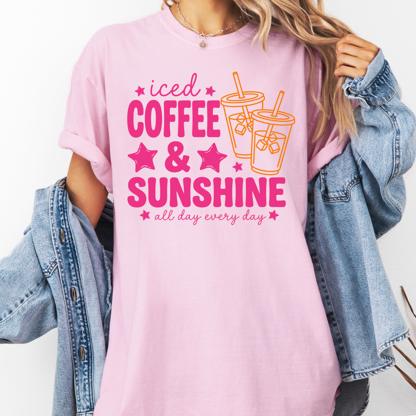 Iced Coffee & Sunshine Shirt, Summer Coffee Lover Tee, Cute Iced Coffee Graphic Tee, Pink Aesthetic Shirt, Coffee Lover Gift, Trendy Summer T-Shirt