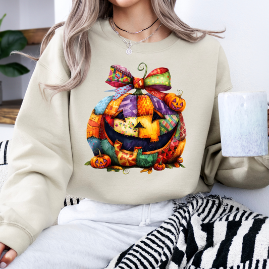 Patchwork Pumpkin Halloween Sweatshirt | Cute Jack-o’-Lantern Fall Pullover | Cozy Pumpkin Bow Sweater | Colorful Halloween Crewneck