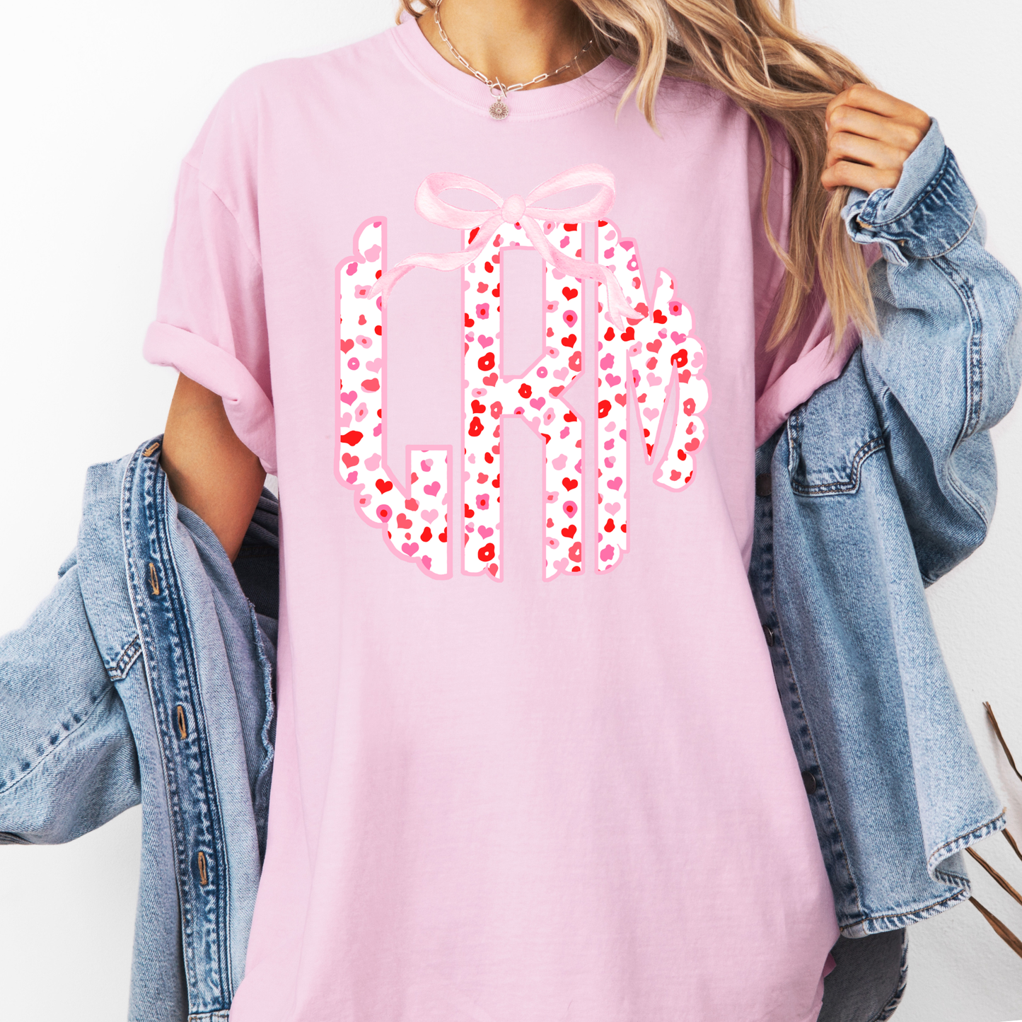Pink Heart Bow Monogram Shirt – Custom Initial Graphic Tee